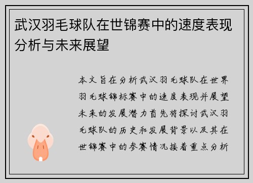 武汉羽毛球队在世锦赛中的速度表现分析与未来展望